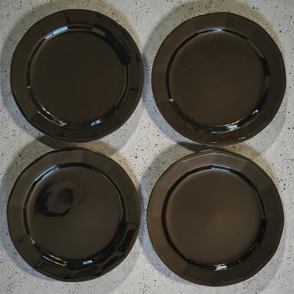 Vintage Glossy Black Stoneware Salad Luncheon/Plates Set Of 4